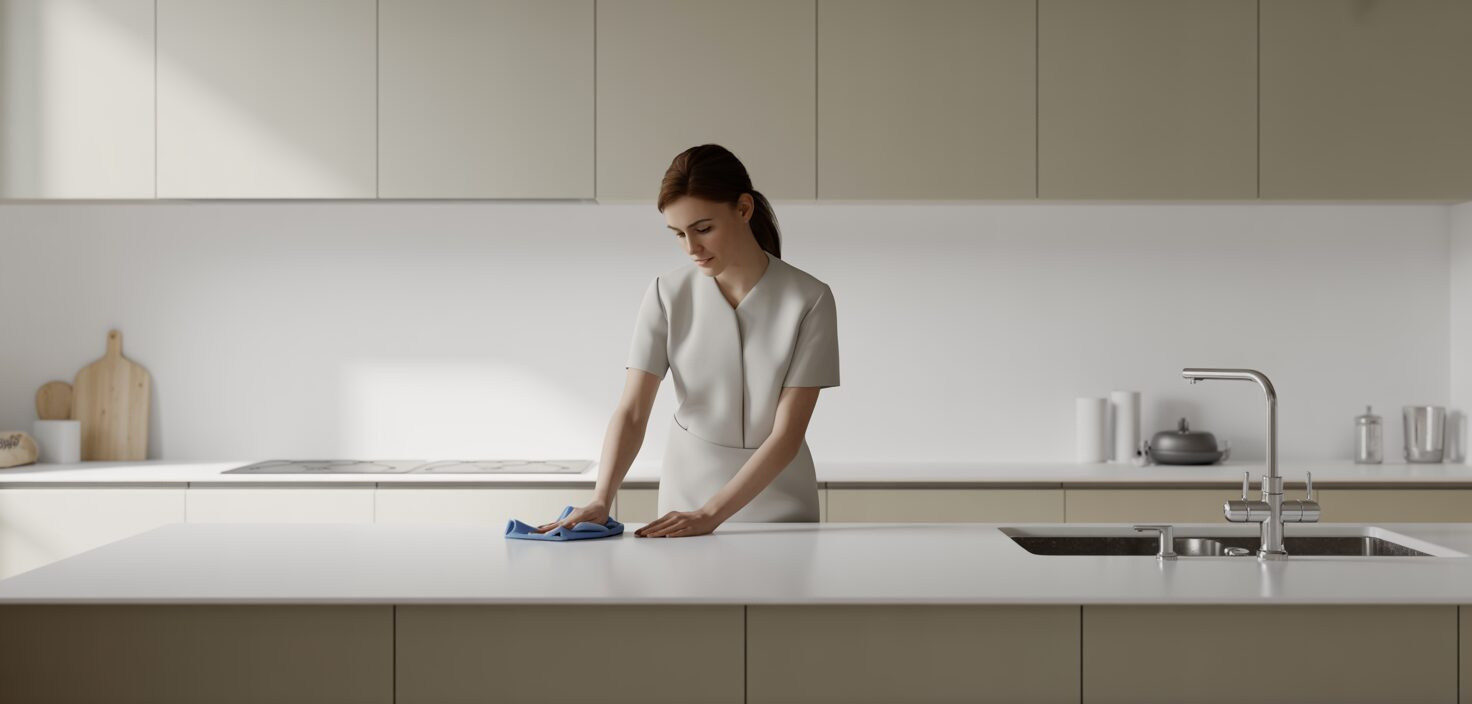 A photographic image of a woman cleaning a minimalist kitchen with white cabinets and countertops.